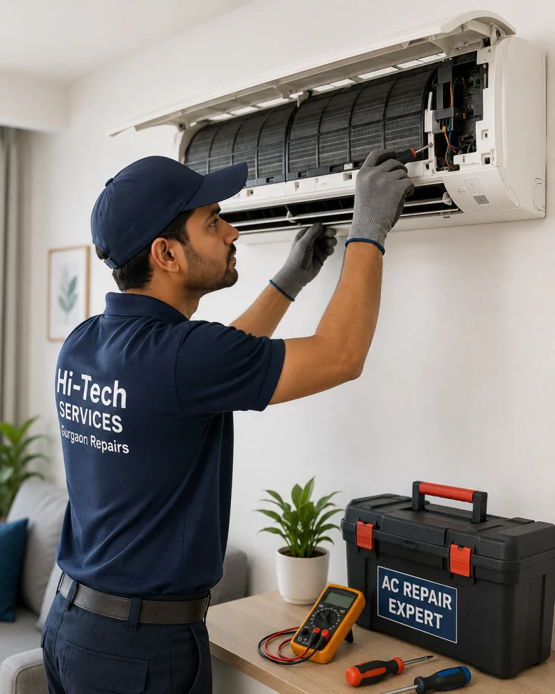 Technician repairing air conditioner in Gurgaon